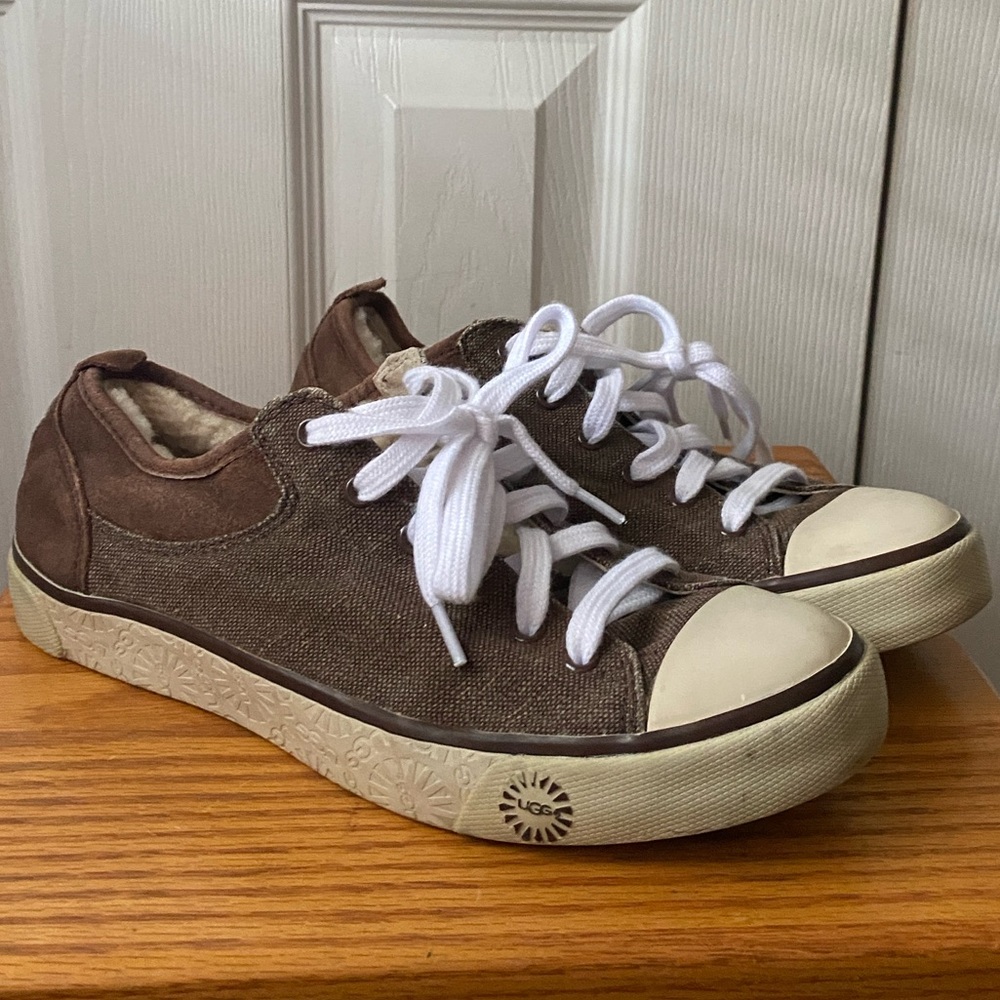 UGG Evera Brown Suede and Canvas Shearling Lined Sneakers SZ 8